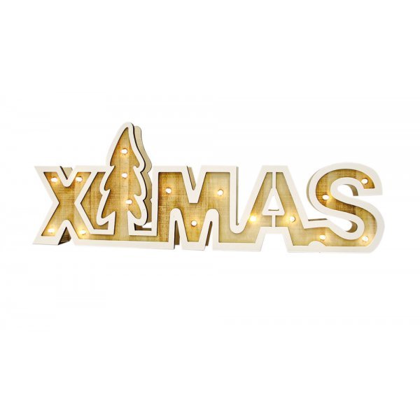 Χριστουγεννιάτικη Διακοσμητική Ξύλινη Επιγραφή "XMAS", με Δεντράκι και 16 LED (44cm)